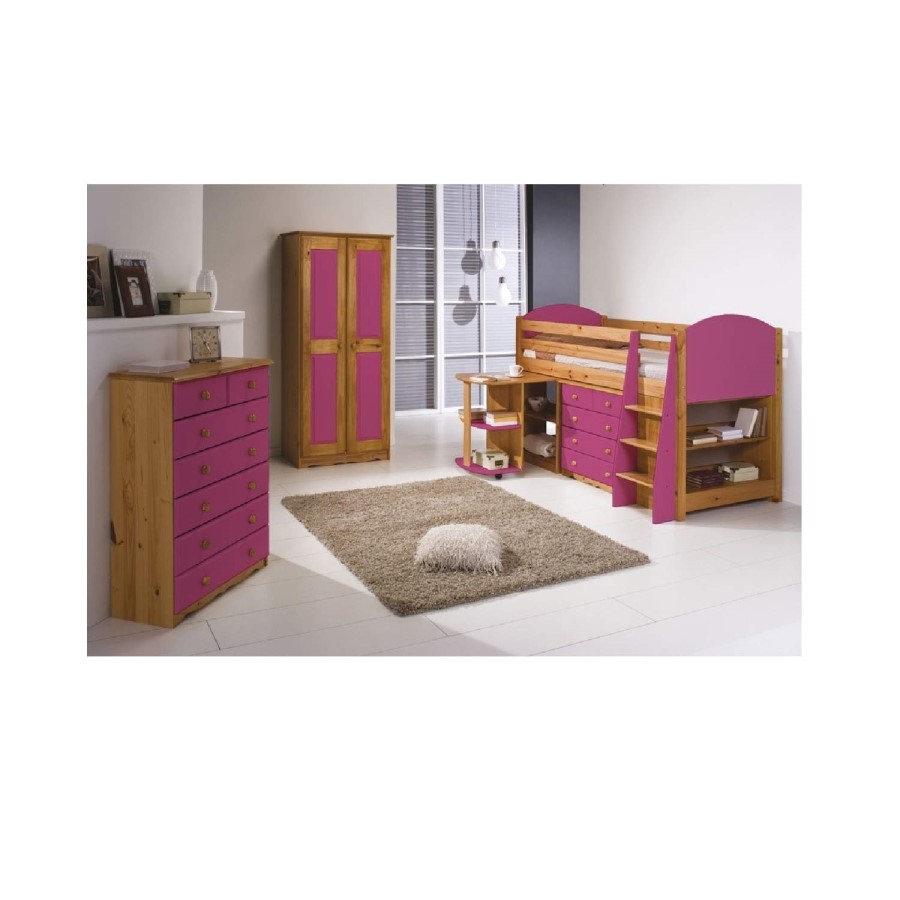 Verona Design Verona Mid-Sleeper Bedroom Set with Pull Out Desk in Antique Pine and Fuchsia