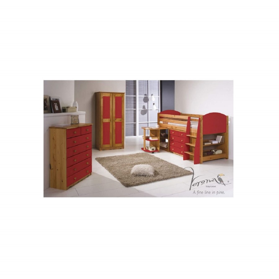 Verona Design Verona Mid-Sleeper Bedroom Set with Pull Out Desk in Antique Pine and Red