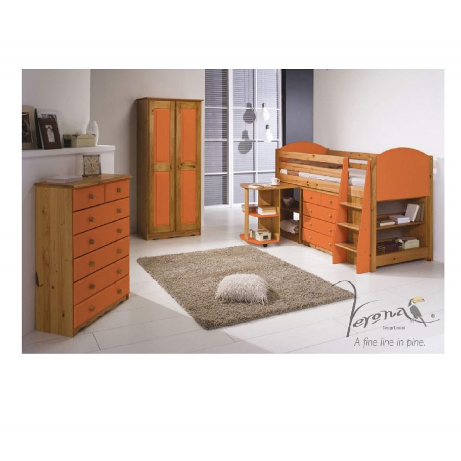 Verona Design Verona Mid-Sleeper Bedroom Set with Pull Out Desk in Antique Pine and Orange