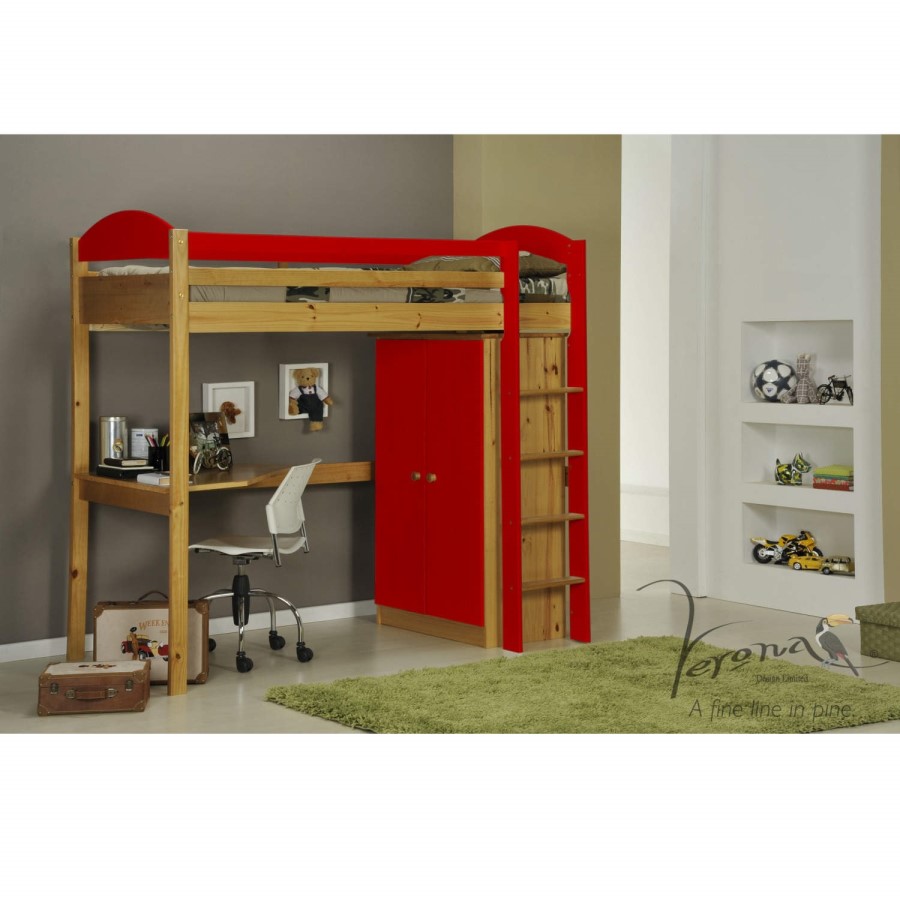 Verona Design Maximus High-Sleeper Bedroom Set in Antique Pine and Red
