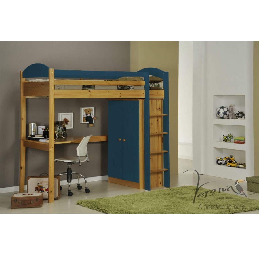 Verona Design Maximus High-Sleeper Bedroom Set with Drawers in Antique Pine and Blue