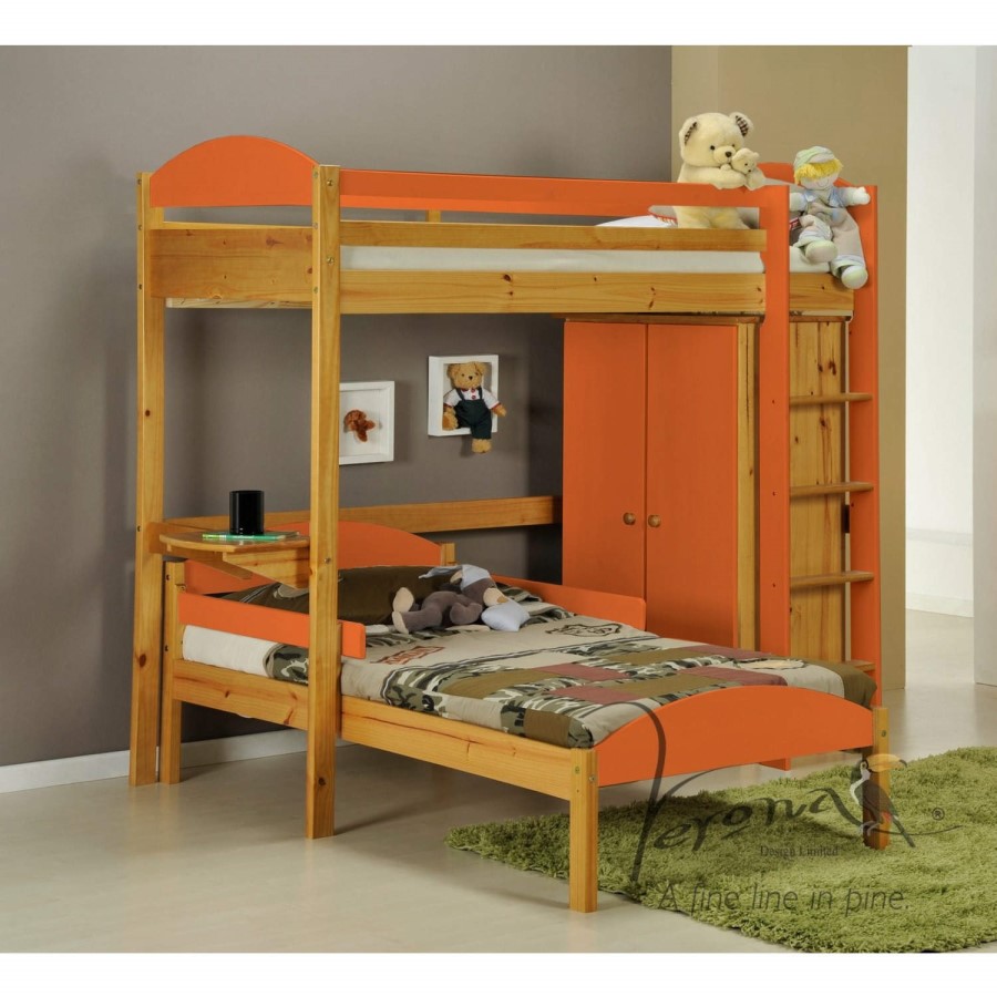 Verona Design Maximus L Shape High-Sleeper Bedroom Set in Antique Pine and Orange
