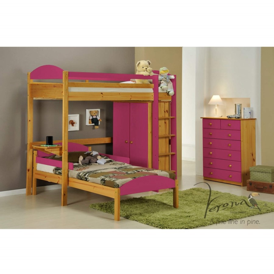 Verona Design Maximus L Shape High-Sleeper Bedroom Set with Drawers in Antique Pine and Fuchsia
