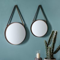 Set of 2 Round Mirrors Leather Hanging Strap - Caspian House Set of 2 Round Mirrors Leather Hanging Strap - Caspian House