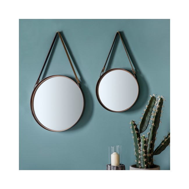 Set of 2 Round Mirrors Leather Hanging Strap - Caspian House