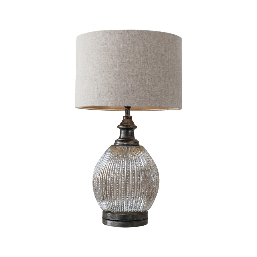 Glass Table Lamp with Grey Fabric Shade - Bernardo