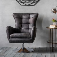 Swivel Chair in Black Leather with Silver Base - Caspian House
