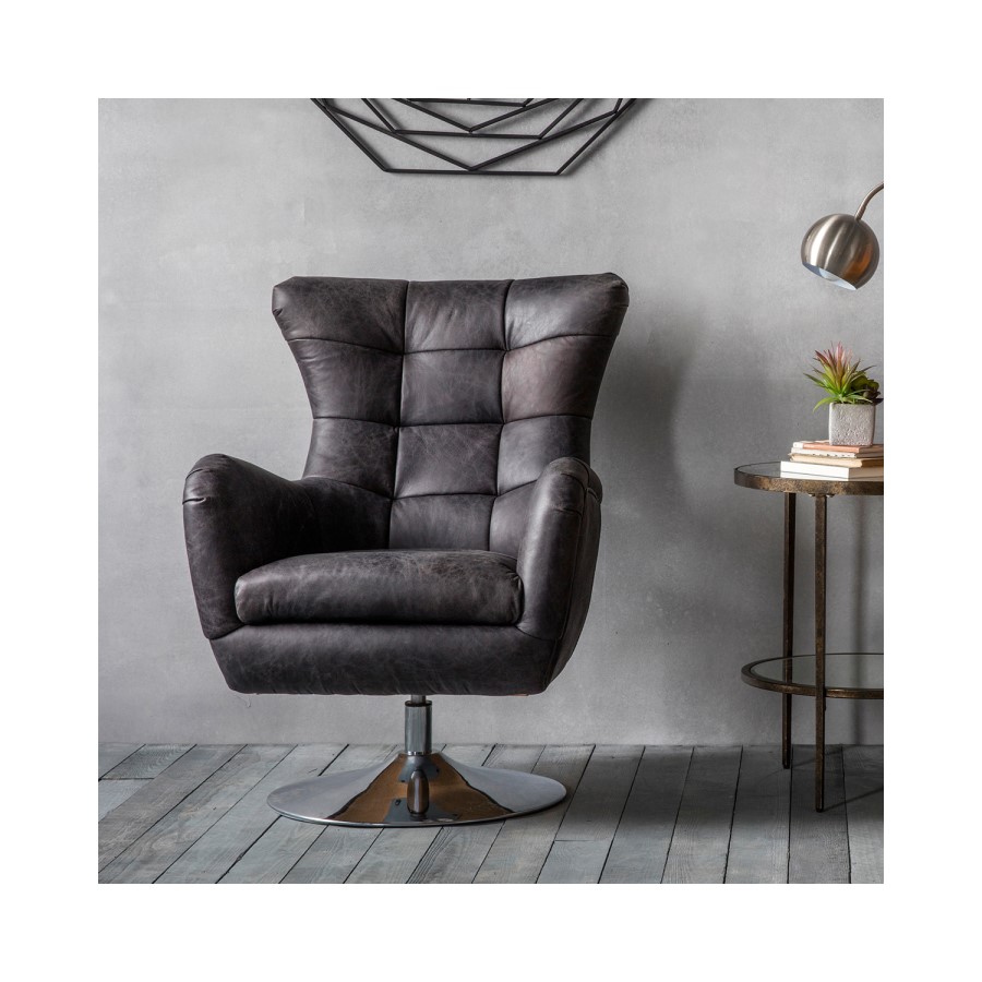 Swivel Chair in Black Leather with Silver Base - Caspian House