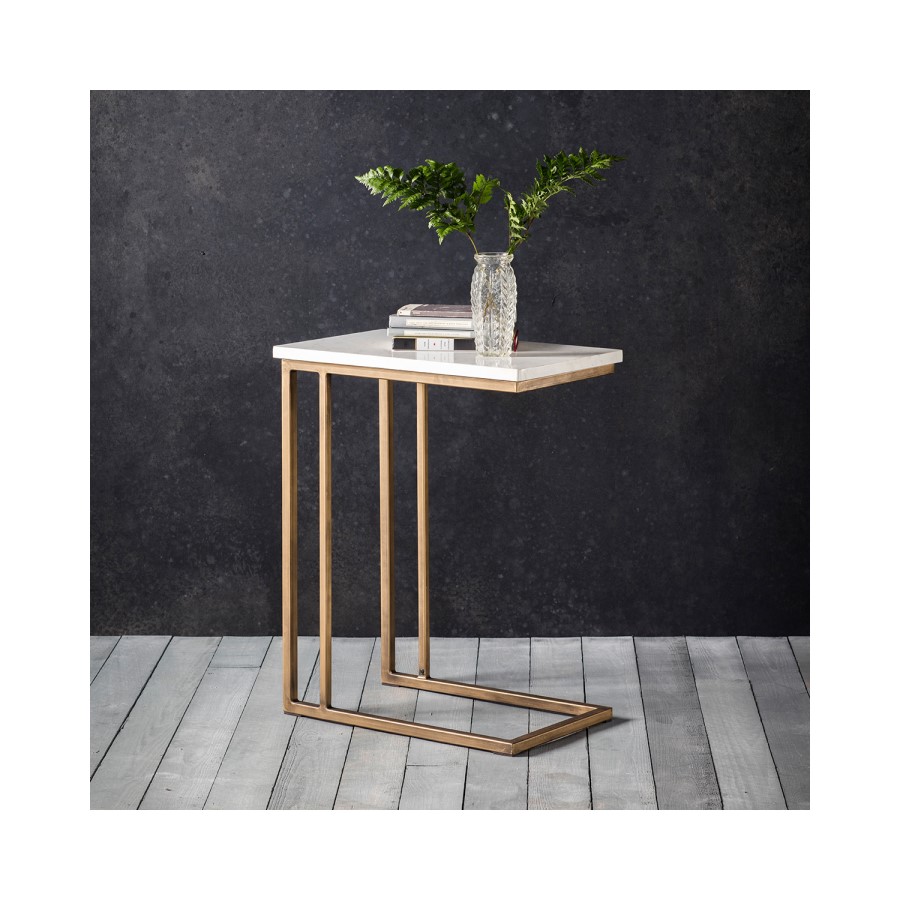 GRADE A1 - Hudson Living Cleo Sofa Side Table with White Marble Top & Metallic Gold Legs
