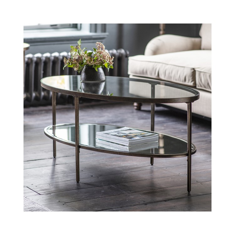 Oval Bronze Glass Top Coffee Table with Storage - Hudson