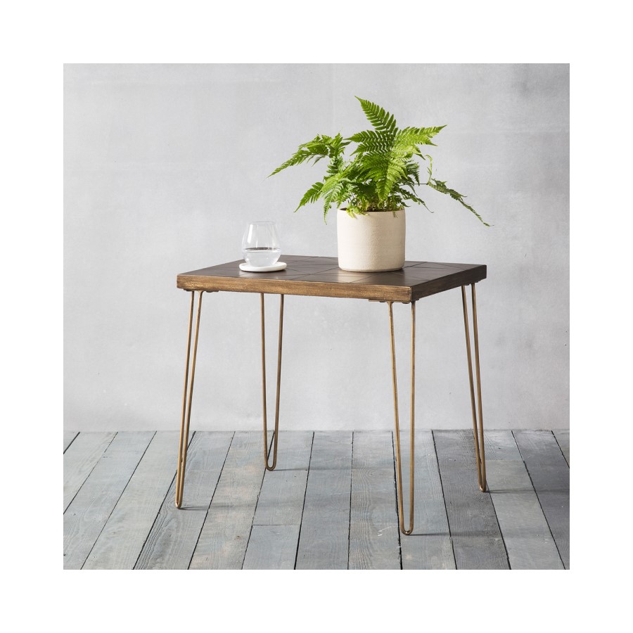 Industrial Side Coffee Table with Gold Metal Hairpin Legs