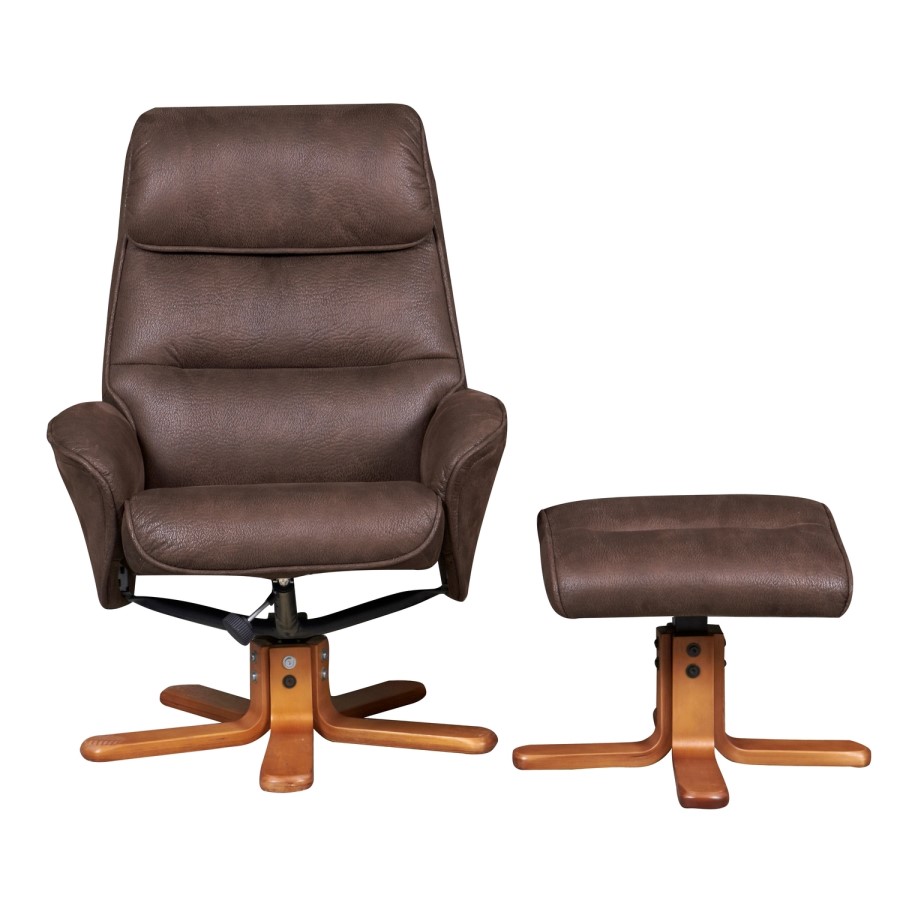 Amalfi Swivel Recliner and Footstool in Brown Faux Suede