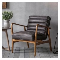 Leather Armchair in Black with Wooden Frame - Caspian House Leather Armchair in Black with Wooden Frame - Caspian House