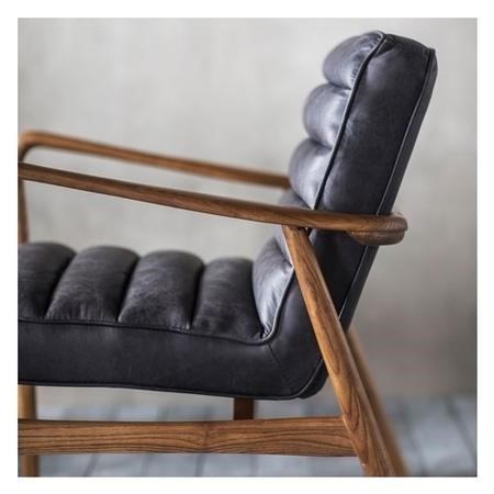 Leather Armchair In Black With Wooden, Black Leather Armchair