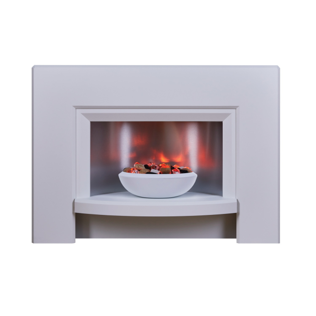 Suncrest Stockeld Electric Fireplace Suite in White with Glowing Pebble Bowl