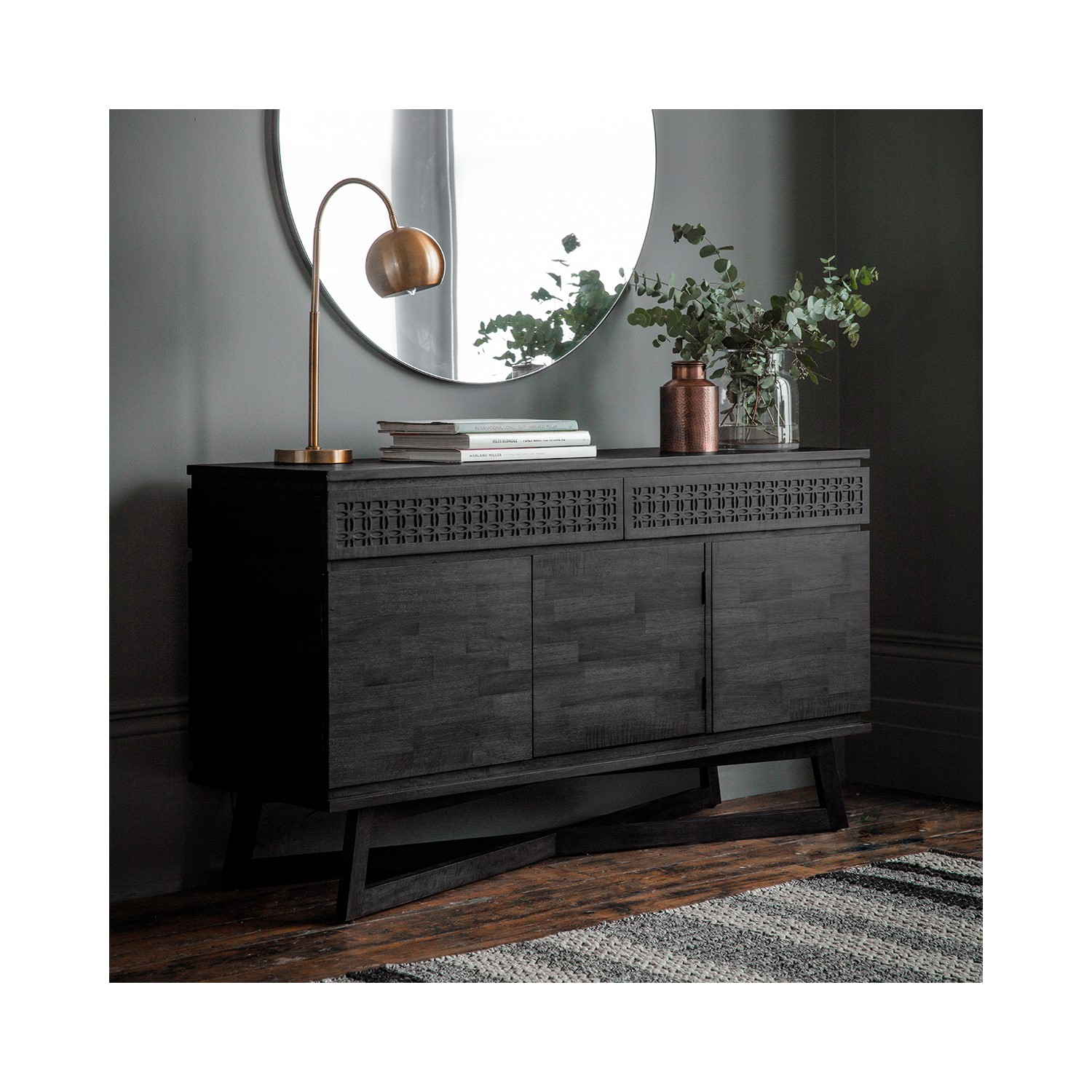 Solid dark wood 2 drawer 3 door sideboard caspian house £799.97 go