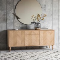 Milano Solid Oak Light Wood Chevron Style Sideboard with 2 Doors & 3 Drawers - Caspian House