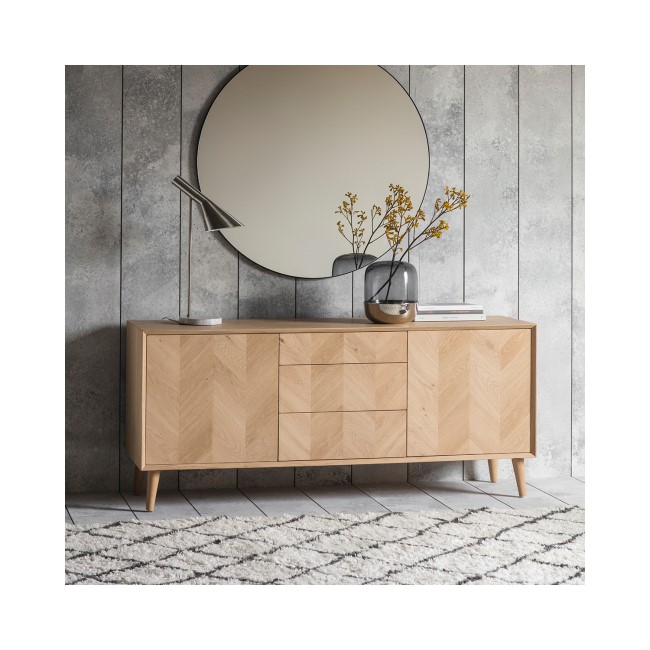 Milano Solid Oak Light Wood Chevron Style Sideboard with 2 Doors & 3 Drawers - Caspian House