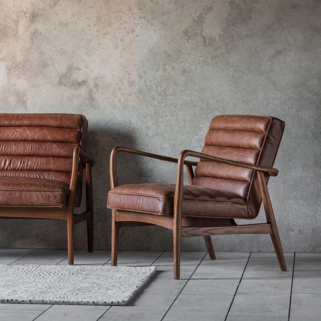 Brown Leather Armchair with Wooden Frame - Caspian House