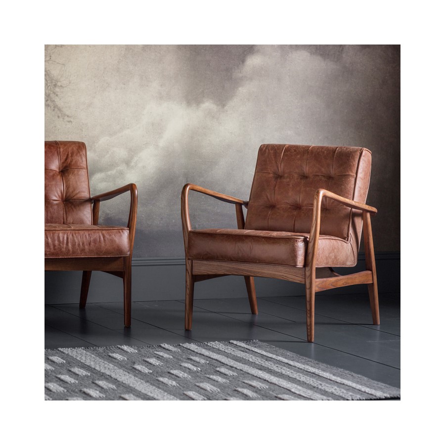Humber Mid- Century Buttoned Leather Armchair in Brown - Caspian House