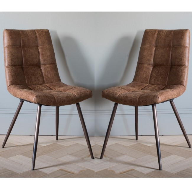 Pair of Faux Leather Vintage Tan Quilted Dining Chairs - Caspian House