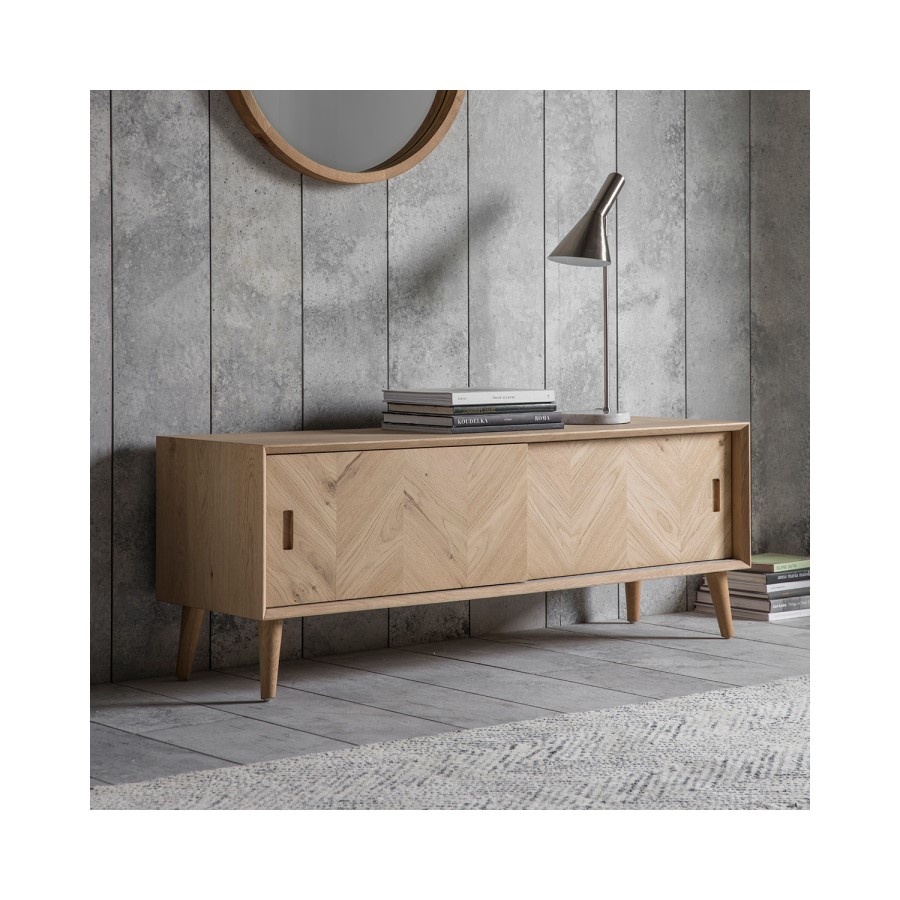 GRADE A2 - Gallery Milano Solid Oak Light Wood Chevron Style TV Unit with 2 Sliding Doors