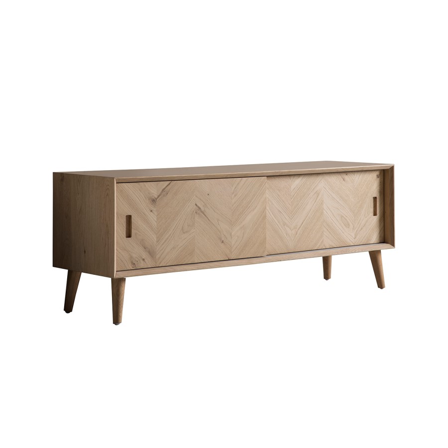 GRADE A2 - Gallery Milano Solid Oak Light Wood Chevron Style TV Unit with 2 Sliding Doors