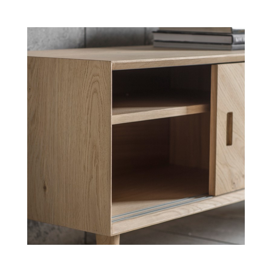 GRADE A2 - Gallery Milano Solid Oak Light Wood Chevron Style TV Unit with 2 Sliding Doors
