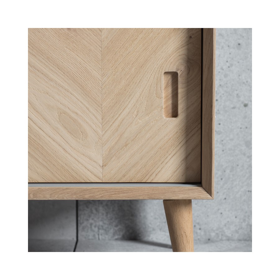 GRADE A2 - Gallery Milano Solid Oak Light Wood Chevron Style TV Unit with 2 Sliding Doors