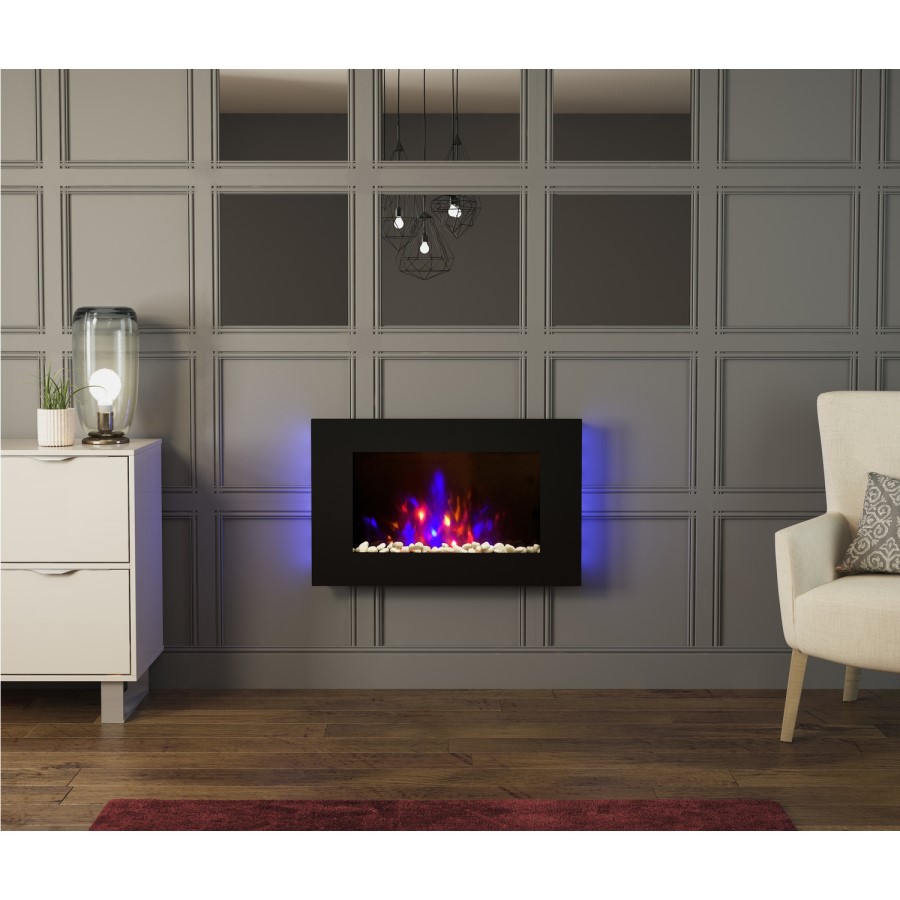 GRADE A1 - Azonto Slimline Wall Mounted Fire with Black Glass & LED Lights - Be Modern