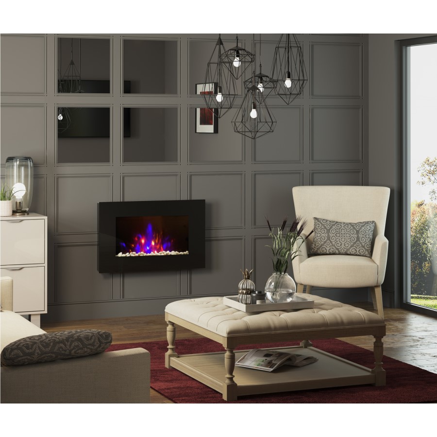 GRADE A1 - Azonto Slimline Wall Mounted Fire with Black Glass & LED Lights - Be Modern