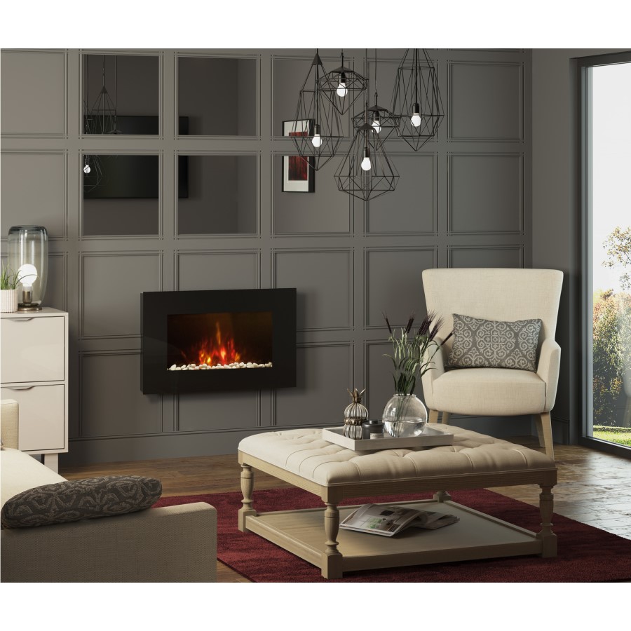 GRADE A1 - Azonto Slimline Wall Mounted Fire with Black Glass & LED Lights - Be Modern