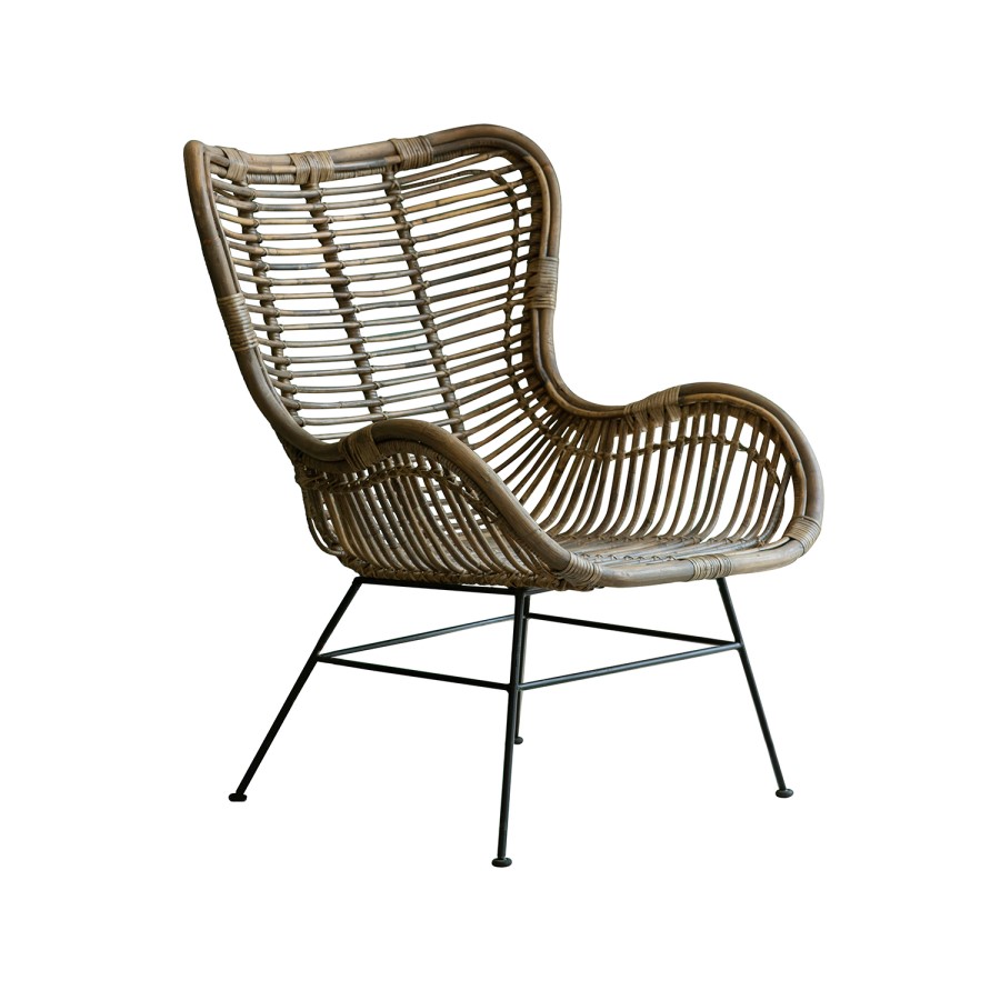 Gallery Kenda Cane Wicker Lounger Chair with Bent Wood Natural Finish & Metal Legs