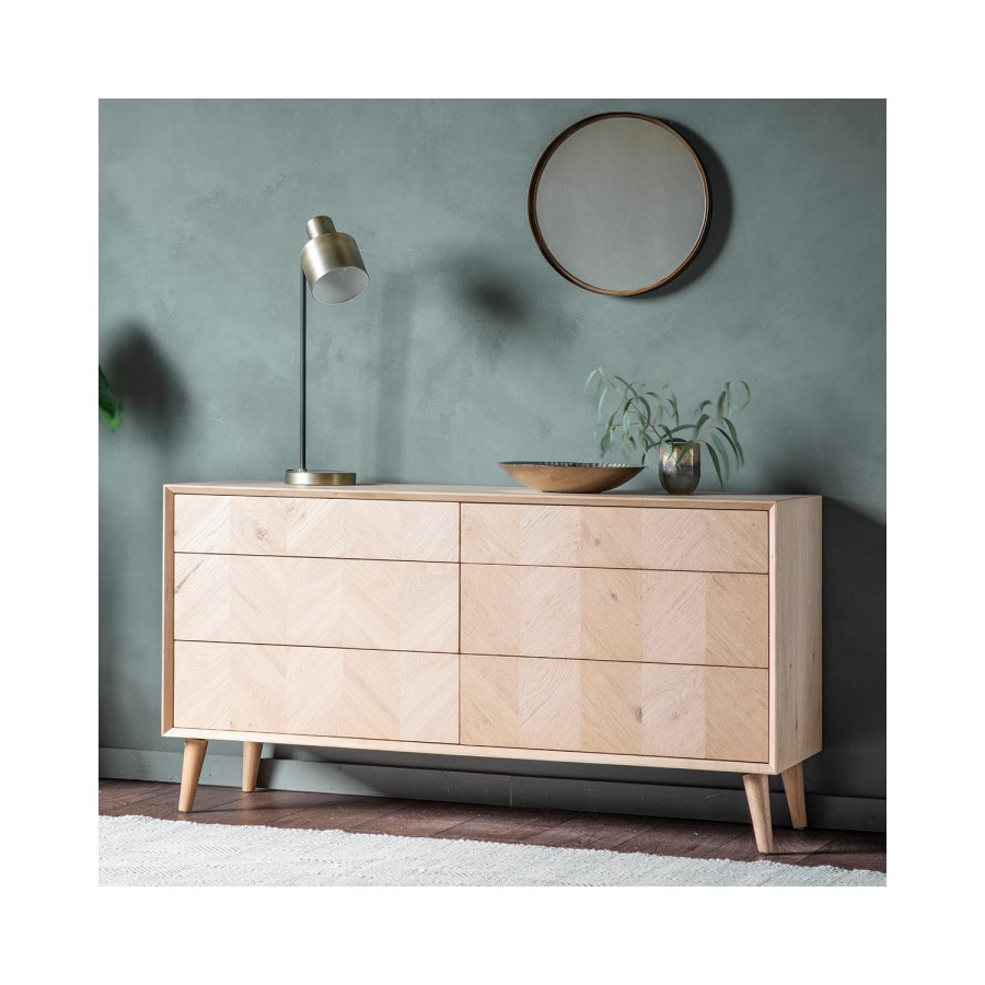 Gallery Milano Solid Oak Light Wood Chevron Style Sideboard with 6 Drawers