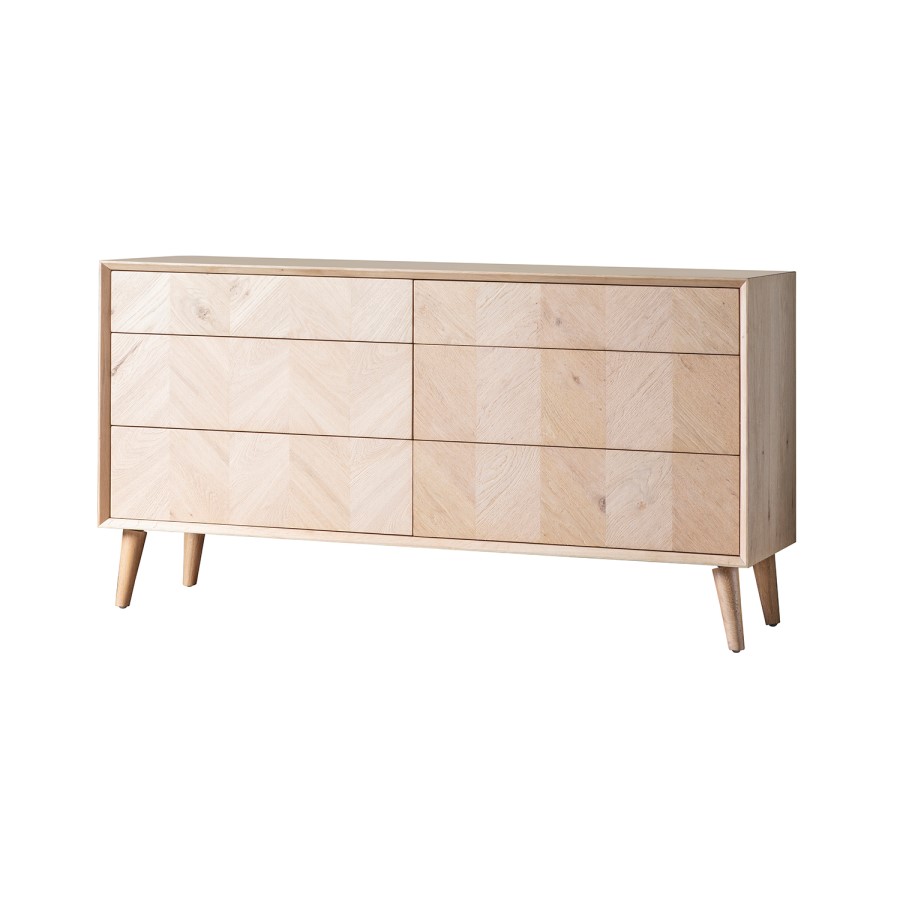 Gallery Milano Solid Oak Light Wood Chevron Style Sideboard with 6 Drawers