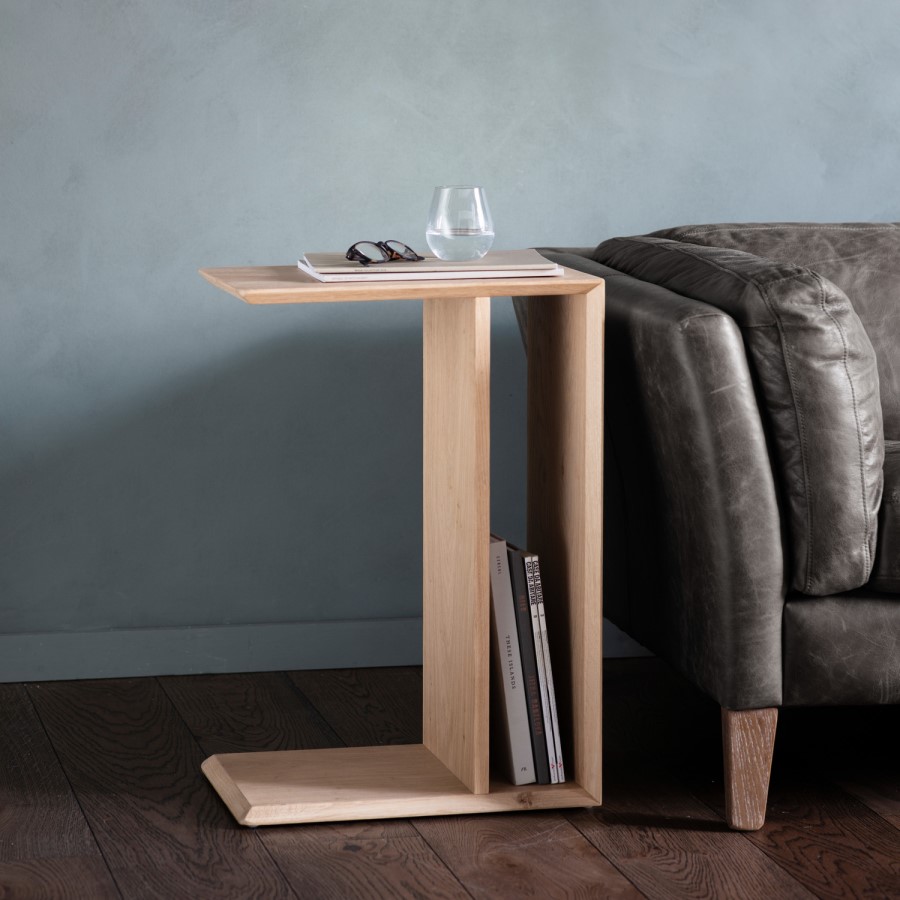 Oak Chevron Style Side Table with Storage - Milano - Caspian House