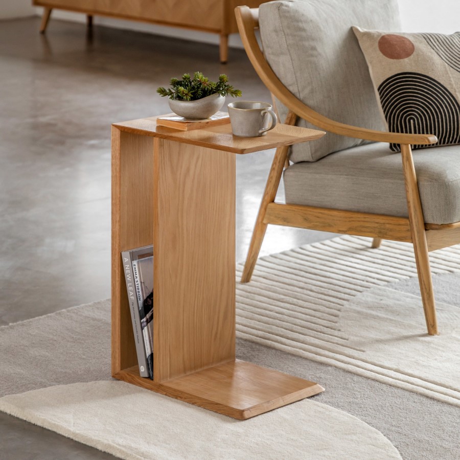 Oak Chevron Style Side Table with Storage - Milano - Caspian House
