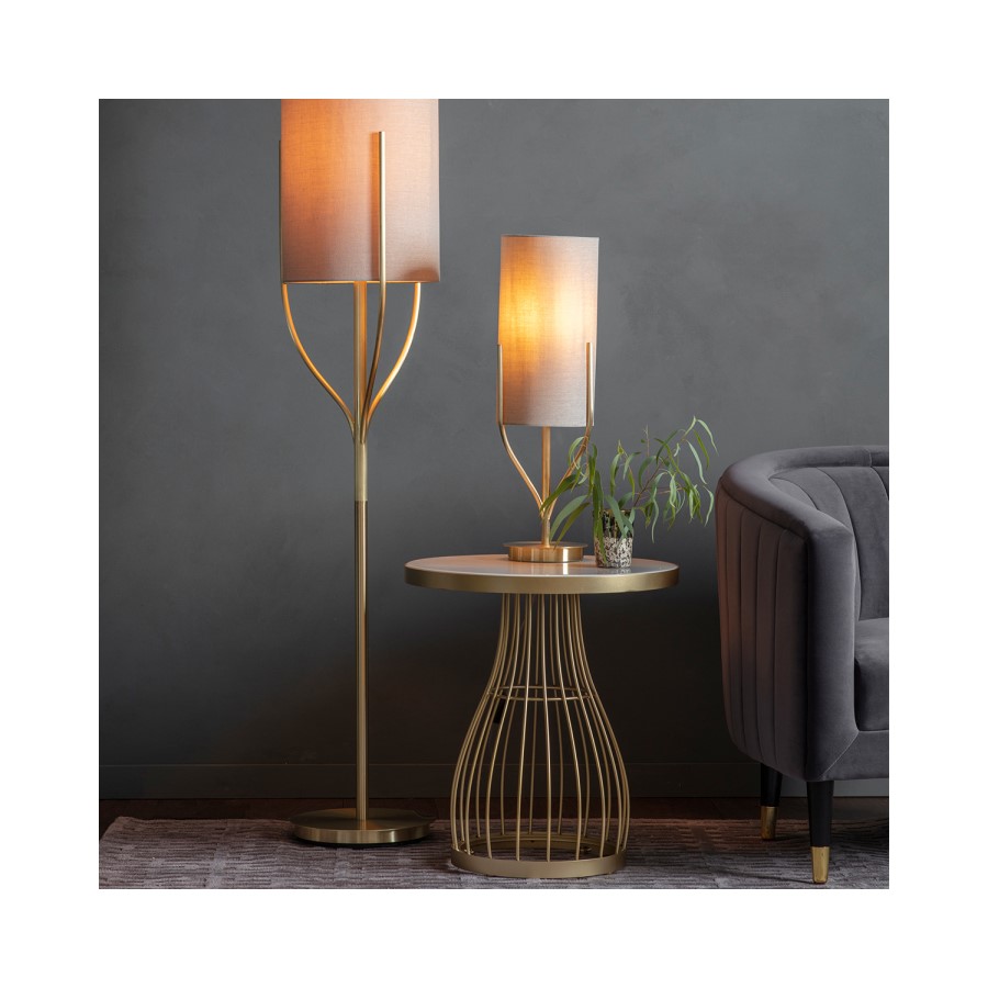 Floor Lamp with Brass Base & Linen Shade - Romana