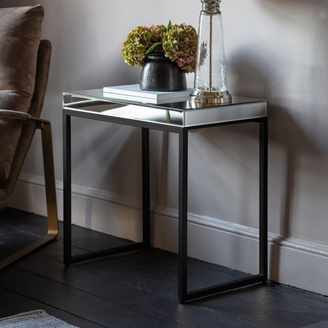 Pippard Mirrored Side Table with Black Metal Base - Caspian House