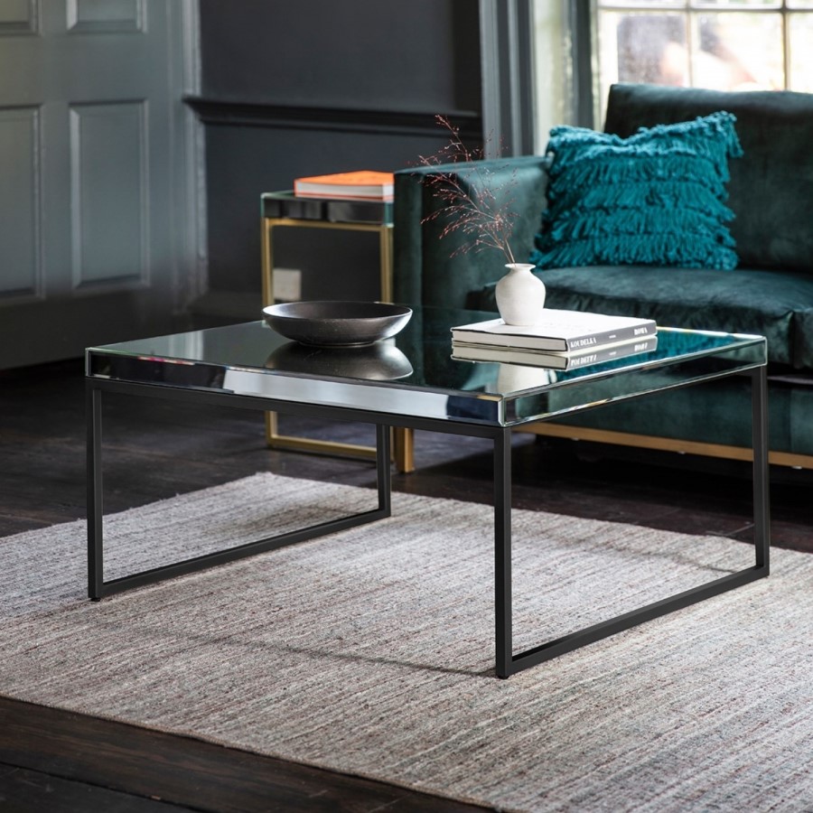 Mirrored Coffee Table with Black Metal Base - Caspian House