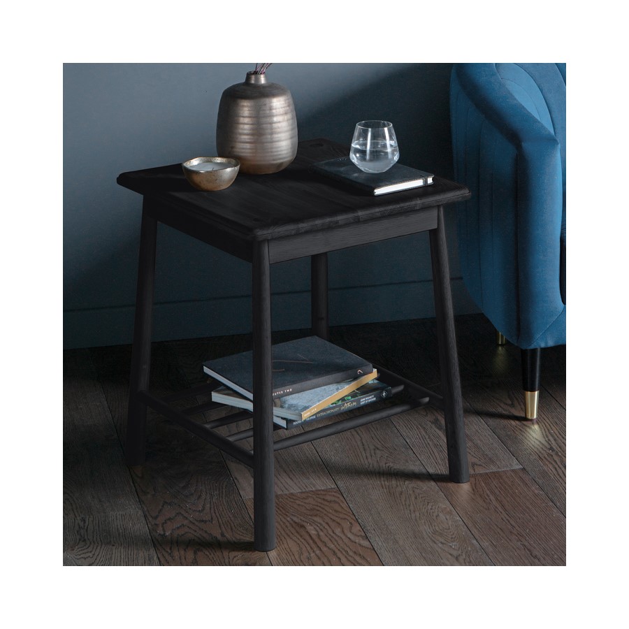 Black Wooden Bedside Table with Shelf - Caspian House