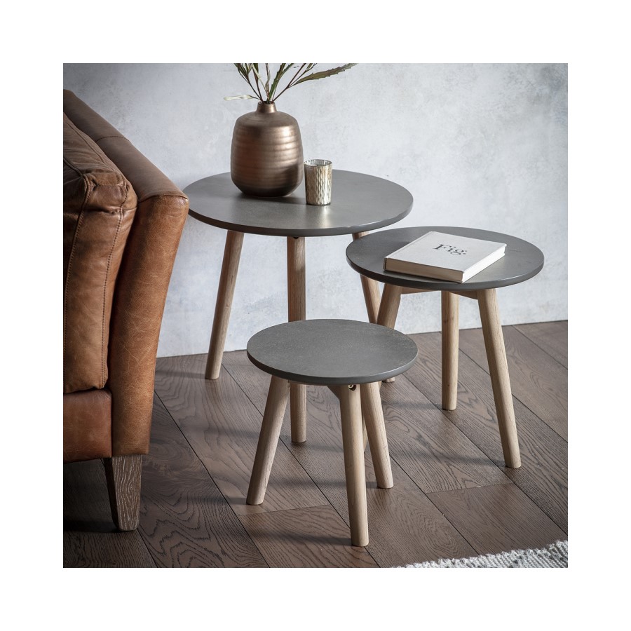 Round Grey Nest of Tables with Wooden Legs - Caspian House