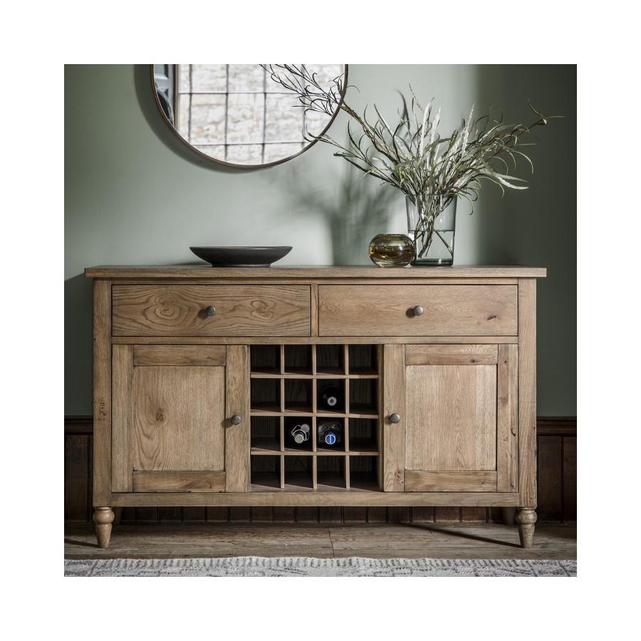 Large Oak Sideboard with Storage & Wine Rack - Caspian House