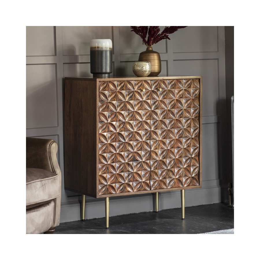 Gallery 2 Door Drinks Cabinet with Carved Finish - Kerala Range
