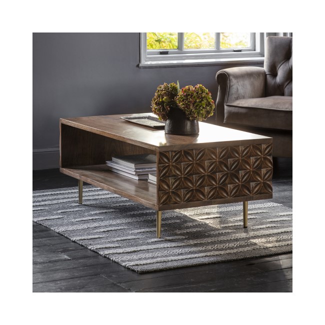 Gallery Solid Wood Coffee Table with Carved Detail & Brass Finish- Kerala Range