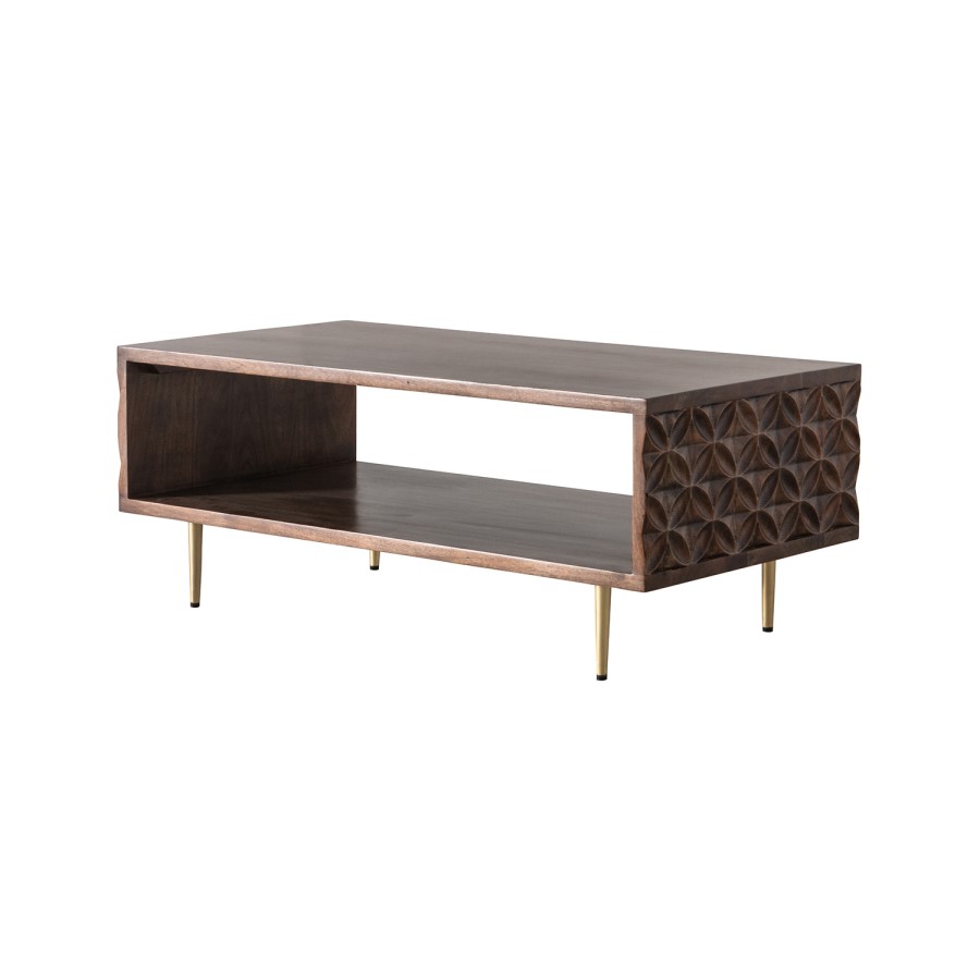 Gallery Solid Wood Coffee Table with Carved Detail & Brass Finish- Kerala Range