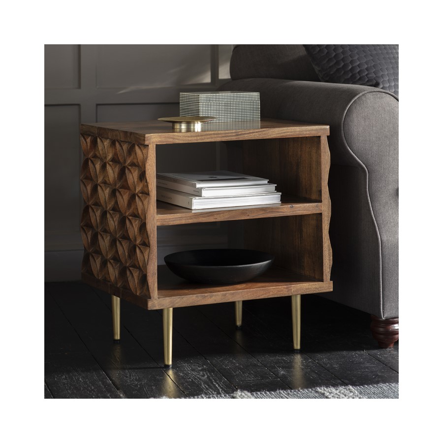 Gallery Solid Wood Side Table with Carved Detail & Brass Finish- Kerala Range