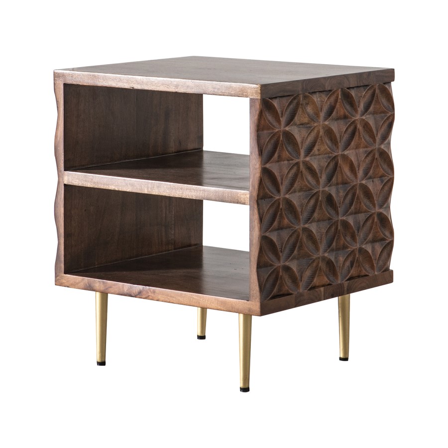 Gallery Solid Wood Side Table with Carved Detail & Brass Finish- Kerala Range