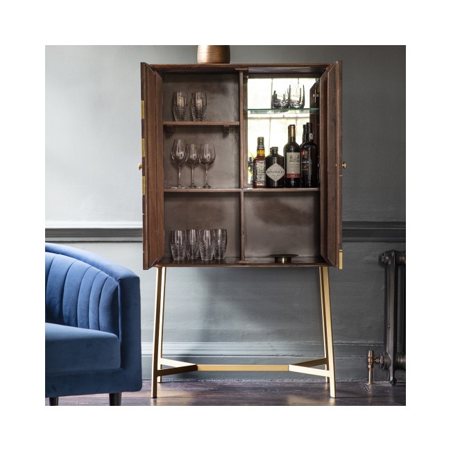 ONLY OPENED - Tate Drinks Cabinet in Brown with Brass Finish - Caspain House