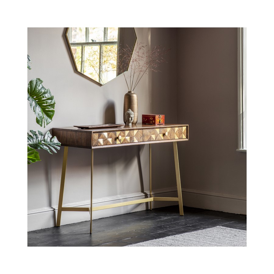 Console Table in Brown & Brass with Storage Drawers - Caspian House